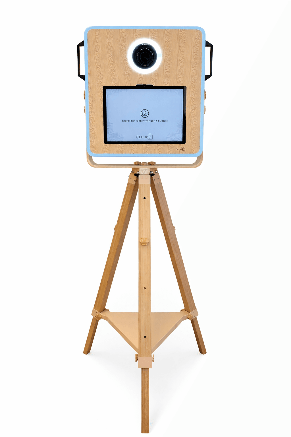 Holz-Fotobox – Elegante Fotobox im Retro-Vintage-Design aus Holz – komplett mit Kamera, Touchscreen, Sofortdrucker und weißer LED-Beleuchtung mieten
